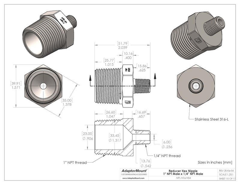 AdaptorMount 1" NPT Male x 1/4" NPT Male, Stainless Steel 316-L Reducer Hex Nipple Connector, Reducing Pipe Fitting Adapter - Image 4